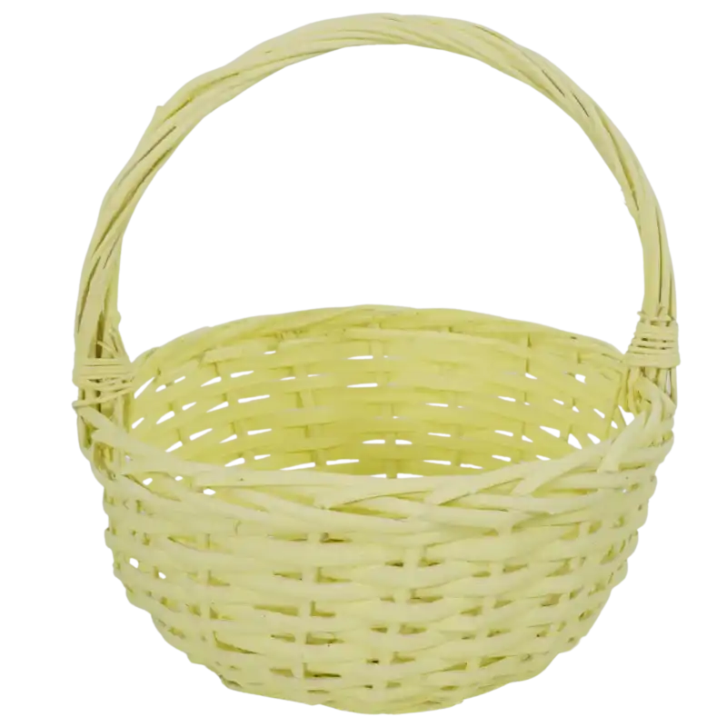 Okrągły żółty kosz wiklinowy o wysokości 27 cm z praktyczną rączką. Uniwersalny koszyk na święconkę lub dekoracje.