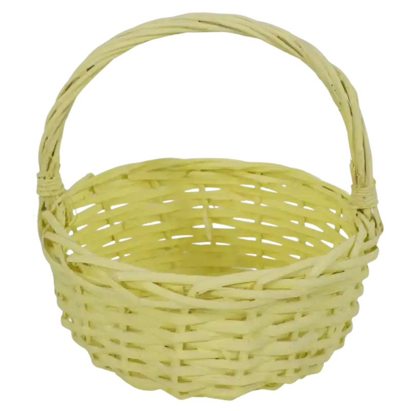 Okrągły żółty kosz wiklinowy 22 cm z rączką, wykonany z barwionej wikliny, idealny na święconkę lub dekoracje wiosenne.