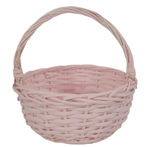 Różowy kosz wiklinowy o wysokości 22 cm i średnicy 21 cm. Okrągły koszyk z wikliny to baza na święconkę lub stroiki.
