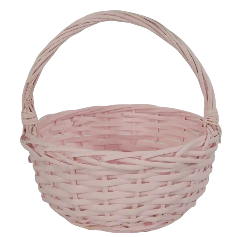 Różowy kosz wiklinowy o wysokości 22 cm i średnicy 21 cm. Okrągły koszyk z wikliny to baza na święconkę lub stroiki.