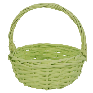 Okrągły kosz wiklinowy w wiosennym zielonym kolorze, wysokość z rączką 22 cm. Idealny na święconkę lub dekoracje.