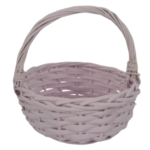 Fioletowy kosz wiklinowy o wysokości 22 cm. Okrągły pleciony koszyk z rączką, idealny na stroiki, owoce lub jako wielkanocna święconka dla dzieci.