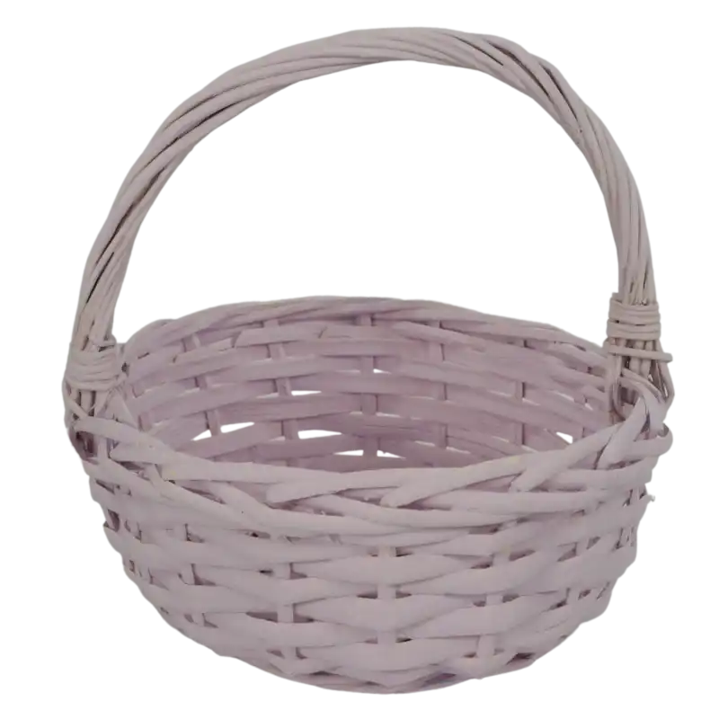 Fioletowy kosz wiklinowy o wysokości 22 cm. Okrągły pleciony koszyk z rączką, idealny na stroiki, owoce lub jako wielkanocna święconka dla dzieci.