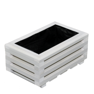 Biała skrzynka drewniana 16x21x34 cm z folią ogrodową wewnątrz. Ręcznie wykonana donica w widoku z góry i z boku.