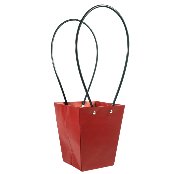 Bordowa torebka na kwiaty o wysokości 38 cm wykonana ze wzmacnianego papieru. Posiada dwa czarne uchwyty oraz specjalną wewnętrzną powłokę ochronną, która zabezpiecza dno przed wilgocią z roślin.