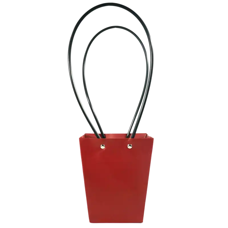 Zbliżenie na górną krawędź bordowej torebki na kwiaty z widocznymi nitami mocującymi uchwyty. Produkt o wysokości 38 cm wykonany ze wzmacnianego papieru.