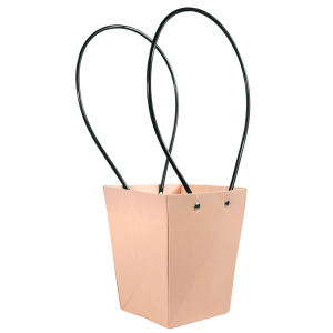 Różowa torebka papierowa na kwiaty 38 cm z czarnymi uchwytami, prezentowana w ujęciu od boku, idealna do eleganckiej oprawy roślin doniczkowych i bukietów.