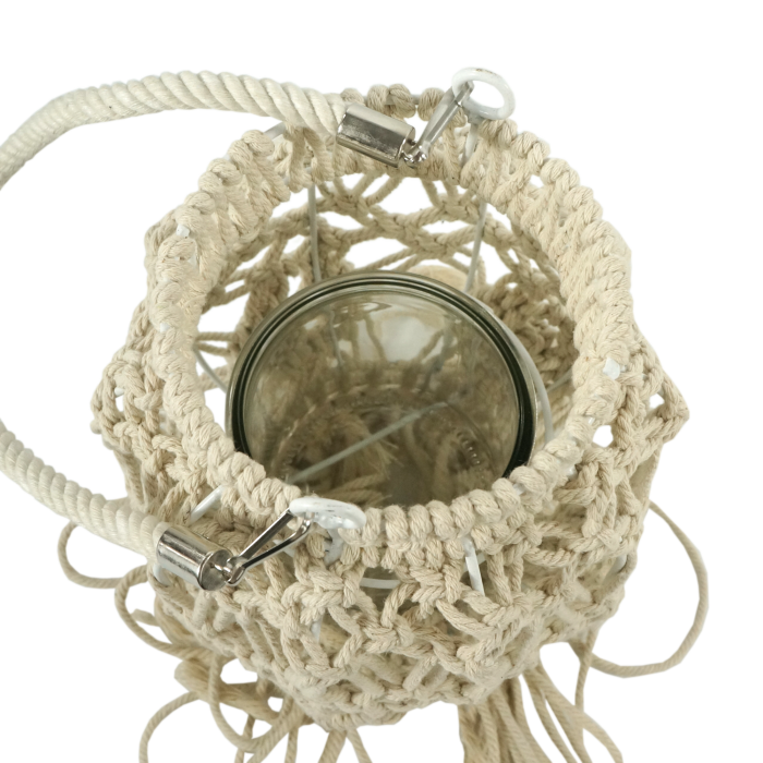 Wiszący beżowy lampion BOHO z frędzlami ażurowy 70 cm, uchwyt, pleciony, makrama