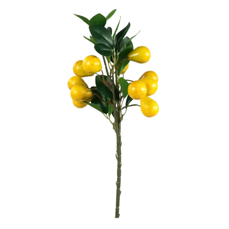 Detaliczna fotografia gałązki z gruszkami, podkreślająca estetykę wykonania owoców i strukturę zielonych liści rośliny.