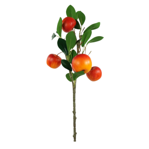 Realistyczna ozdobna gałązka z jabłkami o wysokości 48 cm. Idealne artykuły dekoracyjne do wazonów i stroików, doskonale imitujące naturalne owoce o wymiarach 3x4 cm.