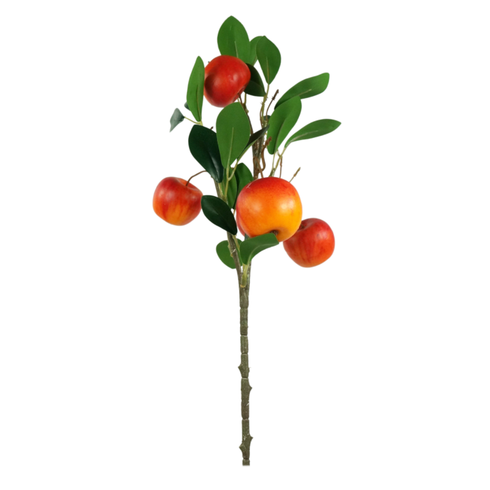 Realistyczna ozdobna gałązka z jabłkami o wysokości 48 cm. Idealne artykuły dekoracyjne do wazonów i stroików, doskonale imitujące naturalne owoce o wymiarach 3x4 cm.
