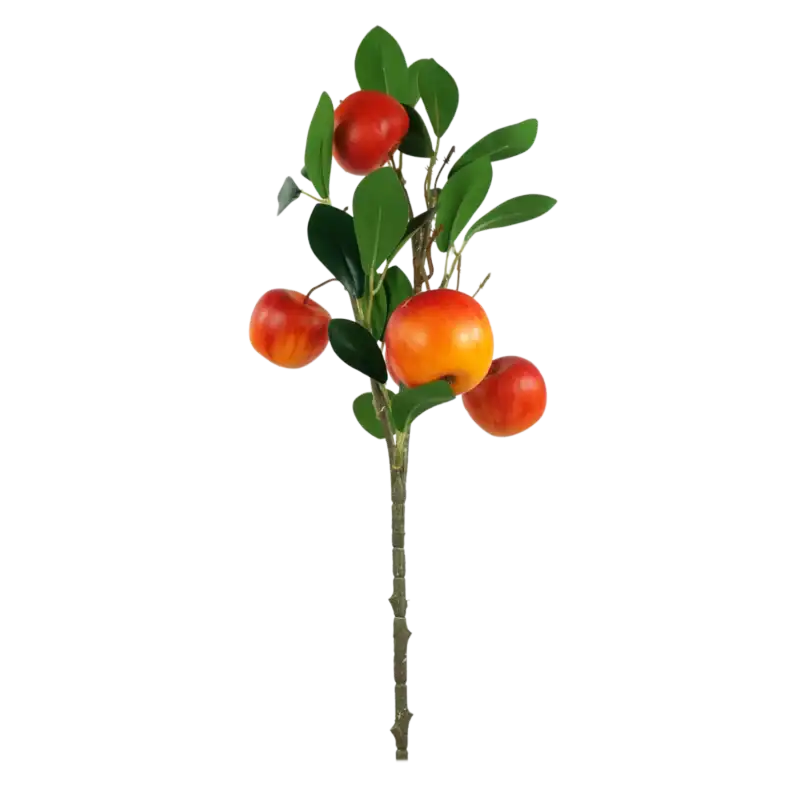 Realistyczna ozdobna gałązka z jabłkami o wysokości 48 cm. Idealne artykuły dekoracyjne do wazonów i stroików, doskonale imitujące naturalne owoce o wymiarach 3x4 cm.
