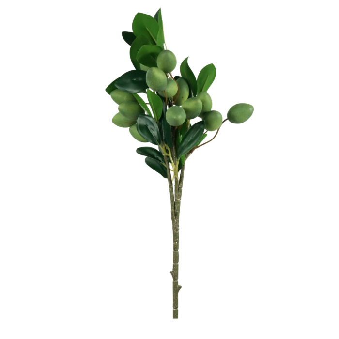 Ozdobna gałązka ze śliwkami 48 cm z zielonymi owocami i listkami. Realistyczna dekoracja do wazonów i stroików.