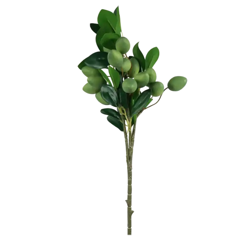 Ozdobna gałązka ze śliwkami 48 cm z zielonymi owocami i listkami. Realistyczna dekoracja do wazonów i stroików.