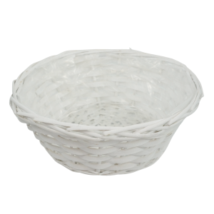 Biała osłonka wiklinowa o średnicy 30 cm. Okrągły kształt, naturalny materiał i wewnętrzna folia ochronna tworzą uniwersalną oprawę dla roślin domowych i kompozycji kwiatowych.