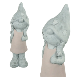 Figurka gipsowa dziewczynka 25 cm w szaro-różowej kolorystyce. Widok z przodu przedstawia stabilną ozdobę o wysokości 25 cm, szerokości 8 cm i długości 9 cm z detalami w kwiatki.