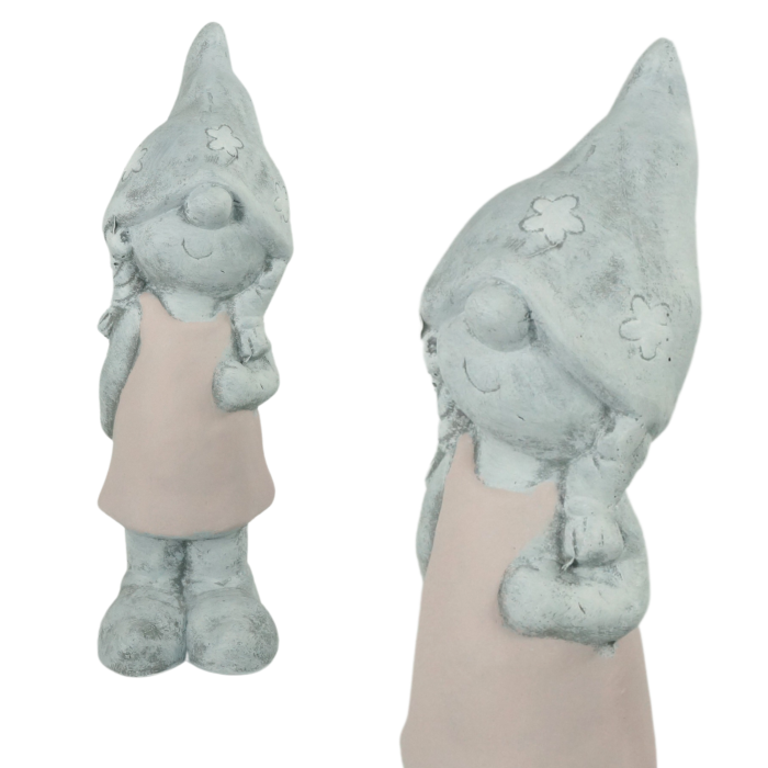 Figurka gipsowa dziewczynka 25 cm w szaro-różowej kolorystyce. Widok z przodu przedstawia stabilną ozdobę o wysokości 25 cm, szerokości 8 cm i długości 9 cm z detalami w kwiatki.