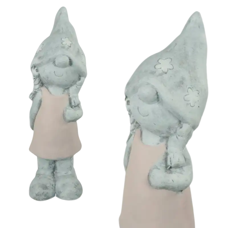 Figurka gipsowa dziewczynka 25 cm w szaro-różowej kolorystyce. Widok z przodu przedstawia stabilną ozdobę o wysokości 25 cm, szerokości 8 cm i długości 9 cm z detalami w kwiatki.