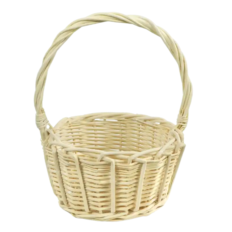 Bielony kosz wiklinowy o wysokości 22 cm w rozmiarze S. Lekki i okrągły, doskonały dla dzieci na święconkę i do stroików.
