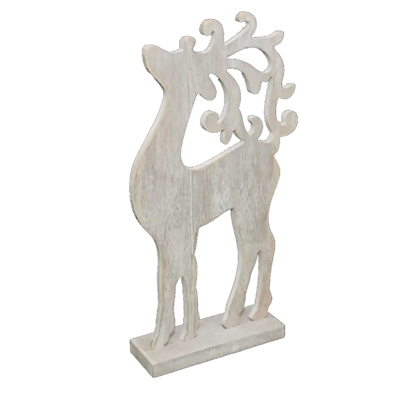 Drewniana figurka renifera w kolorze szarym o wysokości 40 cm. Dekoracja posiada postarzany wygląd i stabilną podstawę, dzięki czemu świetnie prezentuje się na kominku lub komodzie w czasie świąt.