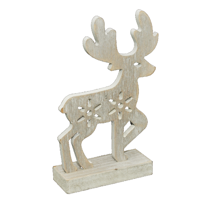 Drewniany renifer w odcieniach szarości o wysokości 20 cm. Figurka na stabilnej podstawie z ażurowymi zdobieniami w kształcie kwiatów na tułowiu. Uniwersalna dekoracja świąteczna.