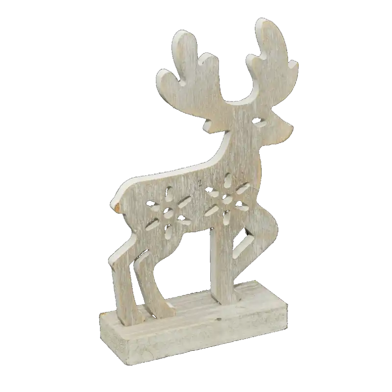 Drewniany renifer w odcieniach szarości o wysokości 20 cm. Figurka na stabilnej podstawie z ażurowymi zdobieniami w kształcie kwiatów na tułowiu. Uniwersalna dekoracja świąteczna.