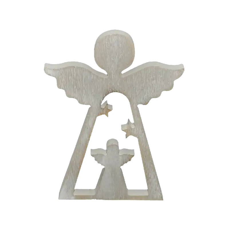 Szara drewniana figurka anioła o wysokości 20 cm na czystym białym tle. Prosta i ponadczasowa ozdoba do każdego wnętrza.