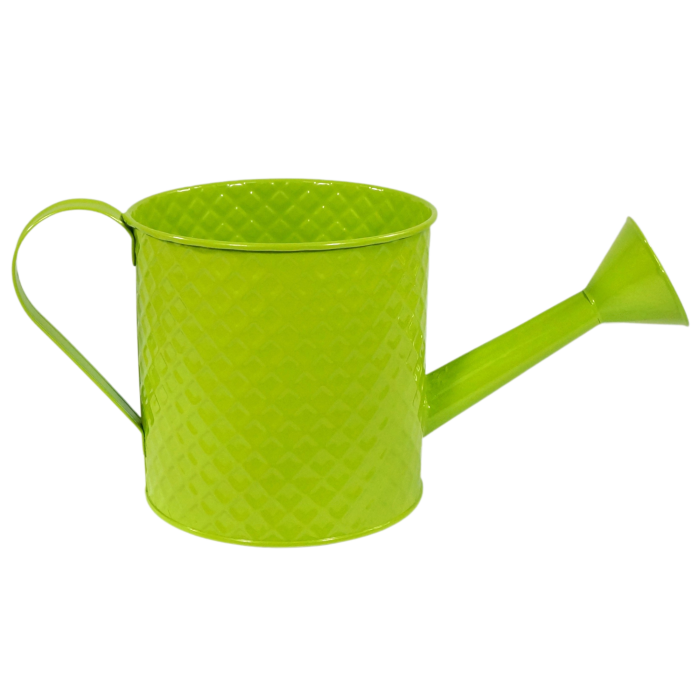 Pikowana osłonka konewka 33 cm w kolorze zielonym. Metalowa dekoracyjna osłonka o okrągłym kształcie z wygodnym uchwytem i wylewką, idealna do aranżacji roślin doniczkowych.