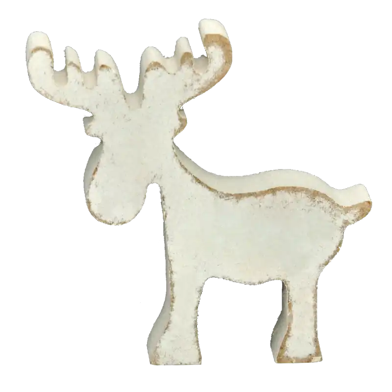 Drewniany renifer o wysokości 20 cm w kolorze przecieranej bieli. Figurka świąteczna o szerokości 15 cm, która stanowi modny element bożonarodzeniowych dekoracji wnętrz.