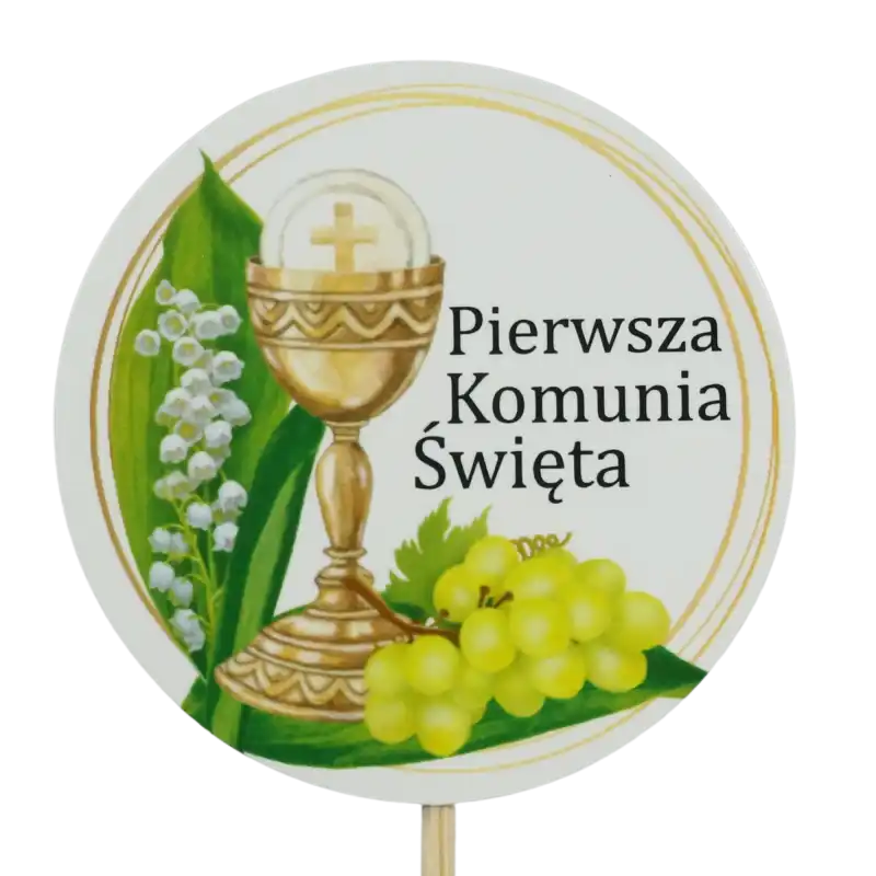 Okrągły topper komunijny na piku o wysokości 30 cm z nadrukiem kielicha, hostii, winogron i konwalii na białym tle.