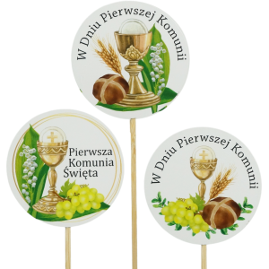 Trzy okrągłe toppery komunijne z motywem kielicha, hostii i chleba, każdy umieszczony na osobnym patyczku.
