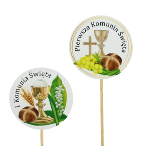 Dwa toppery komunijne z różnymi wariantami graficznymi, umieszczone na piku, prezentujące motywy kielicha i winogron.