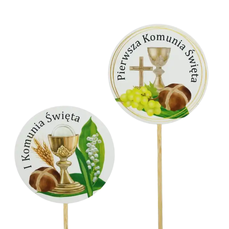 Dwa toppery komunijne z różnymi wariantami graficznymi, umieszczone na piku, prezentujące motywy kielicha i winogron.