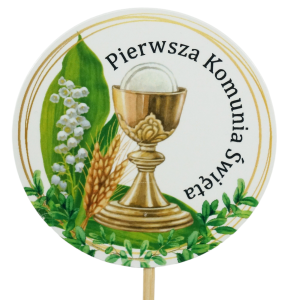 Zbliżenie na okrągły topper komunijny na piku o wysokości 30 cm z motywem kielicha, kłosów i konwalii.