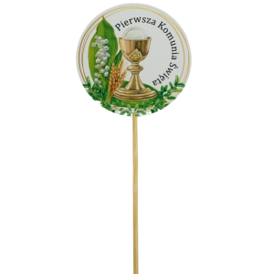 Okrągły topper na długim patyczku ułatwiającym stabilne mocowanie w kompozycjach florystycznych i bukietach.