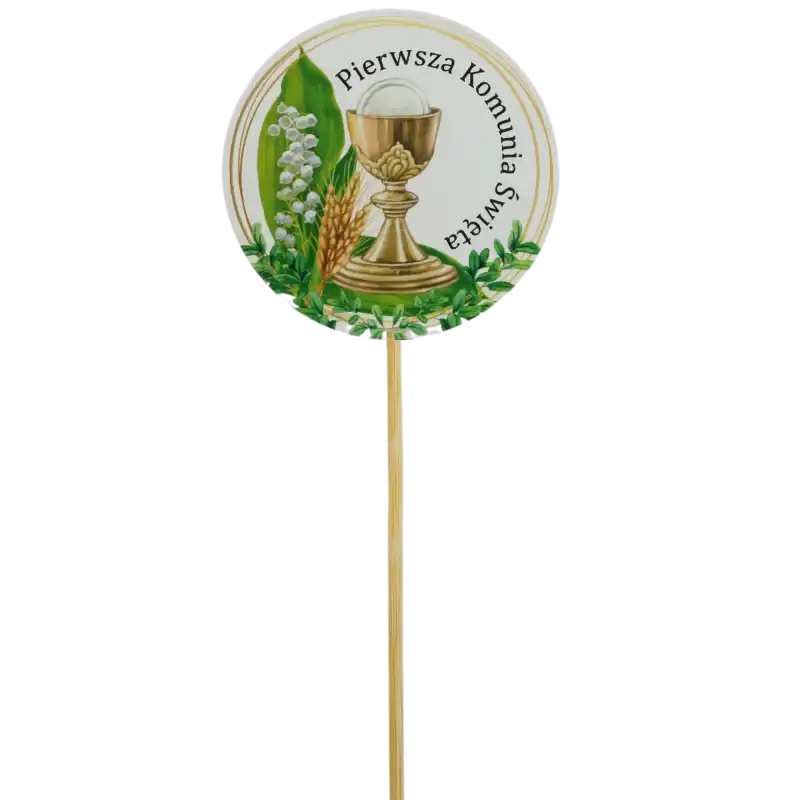 Okrągły topper na długim patyczku ułatwiającym stabilne mocowanie w kompozycjach florystycznych i bukietach.