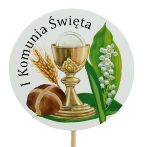 Zbliżenie na okrągły topper komunijny 30 cm z nadrukiem kielicha, chleba i konwalii. Wykonany ze wzmacnianego papieru.