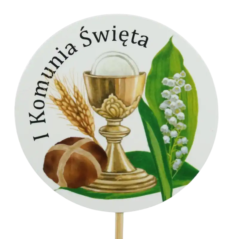 Zbliżenie na okrągły topper komunijny 30 cm z nadrukiem kielicha, chleba i konwalii. Wykonany ze wzmacnianego papieru.