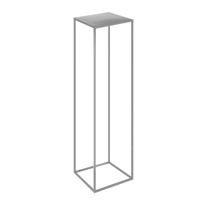 Wysoki srebrny kwietnik metalowy 130x24x24 cm w stylu loft. Konstrukcja z kwadratową podstawą i półką do ekspozycji roślin oraz dekoracji.
