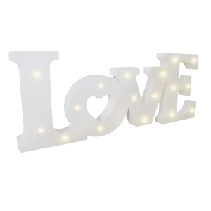 Biały napis LOVE 44 cm z włączonymi światłami LED, ujęty pod lekkim kątem. Drewniana dekoracja o wysokości 16 cm, idealna do stworzenia romantycznego nastroju w domu.