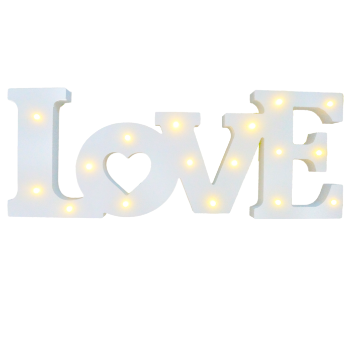 Biały drewniany napis LOVE 44 cm z wbudowanym oświetleniem LED. Dekoracyjna ozdoba z sercem, idealna na wesele lub do domu, zapewniająca przyjemną, ciepłą barwę światła.