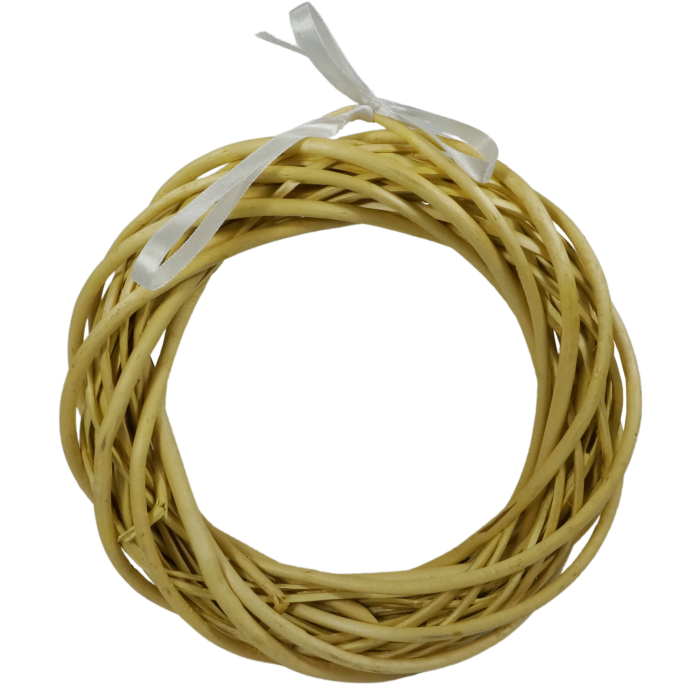 Okrągły wianek wiklinowy 25 cm w naturalnym kolorze z jasną wstążką. Idealna baza do kompozycji florystycznych.