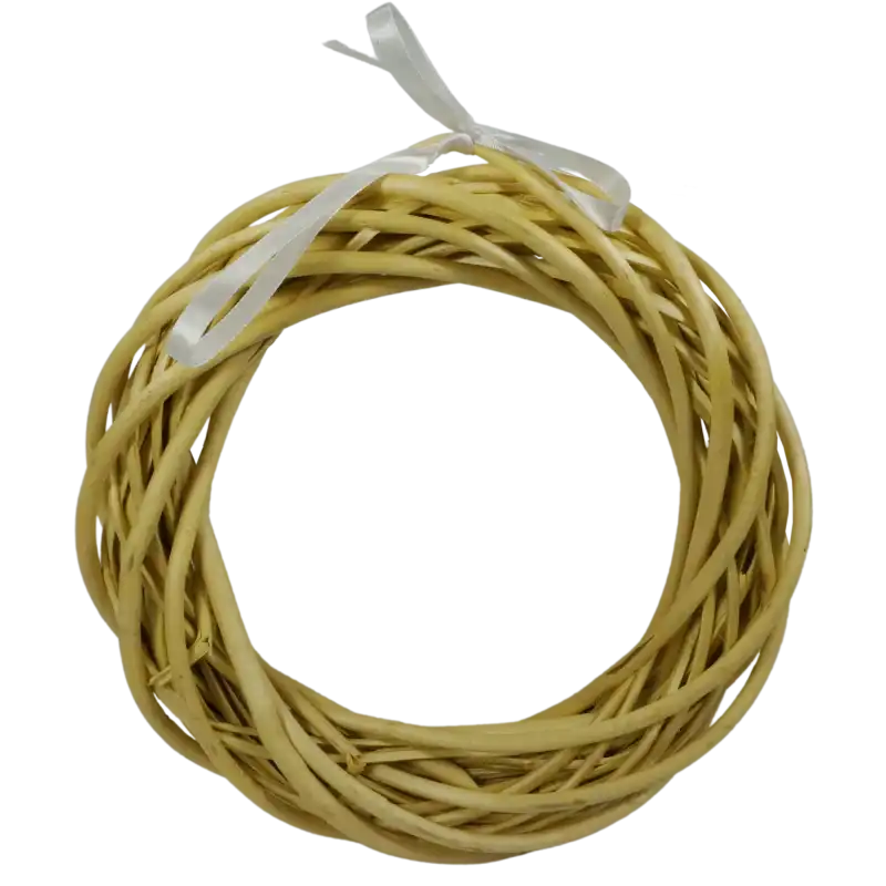 Okrągły wianek wiklinowy 25 cm w naturalnym kolorze z jasną wstążką. Idealna baza do kompozycji florystycznych.