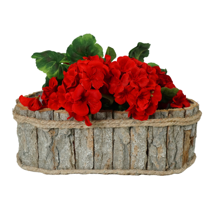 Owalna osłonka z kory o długości 33 cm z czerwoną rośliną. Naturalny design z folią ochronną i jutowym sznurkiem.