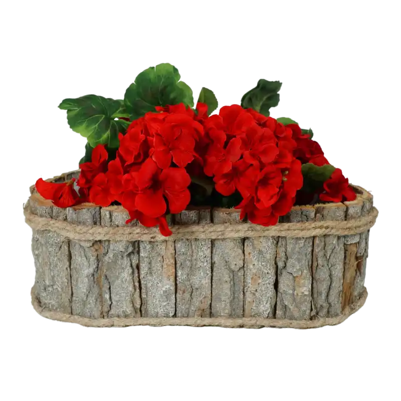 Owalna osłonka z kory o długości 33 cm z czerwoną rośliną. Naturalny design z folią ochronną i jutowym sznurkiem.