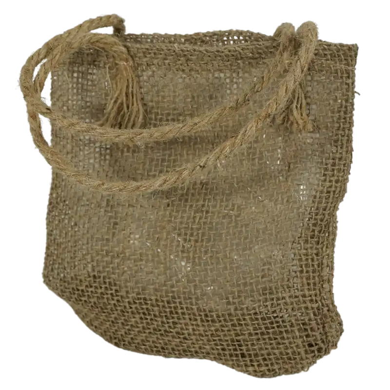 Torebka jutowa 30 cm w ujęciu z boku. Widoczna struktura juty, dwa uchwyty oraz wnętrze wyłożone przezroczystą folią.