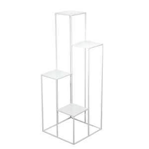 Biały kwietnik metalowy poziomowy o podstawie 40x40 cm. Nowoczesny stojak z czterema półkami o różnej wysokości do ekspozycji dekoracji w każdym wnętrzu.