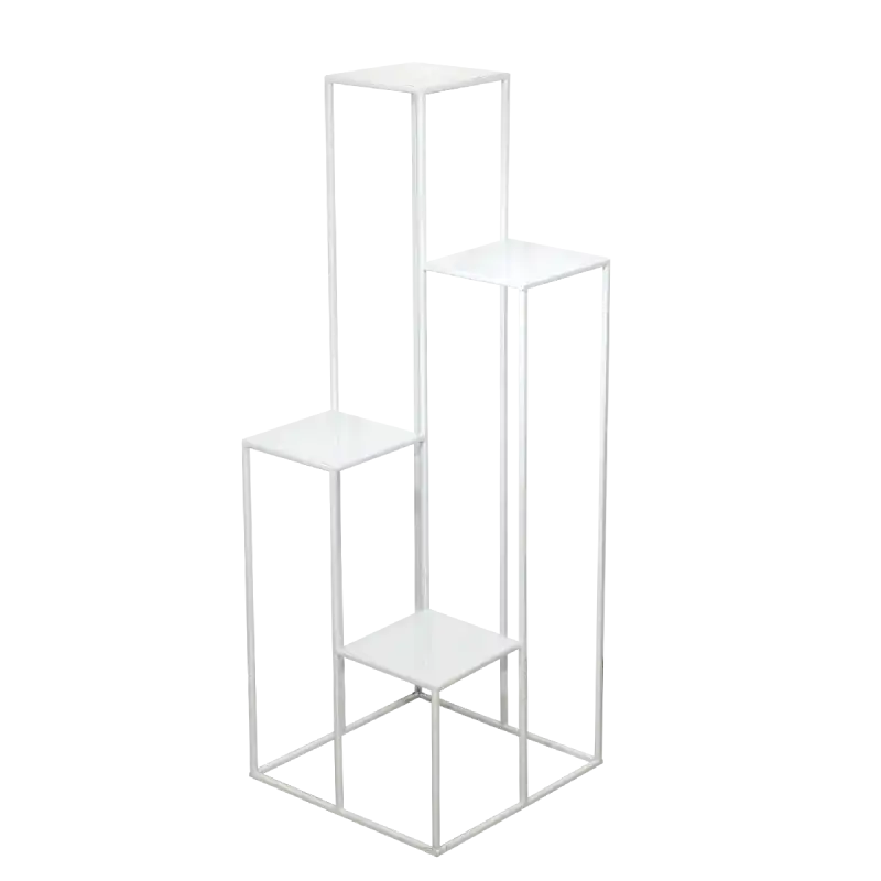 Biały kwietnik metalowy poziomowy o podstawie 40x40 cm. Nowoczesny stojak z czterema półkami o różnej wysokości do ekspozycji dekoracji w każdym wnętrzu.