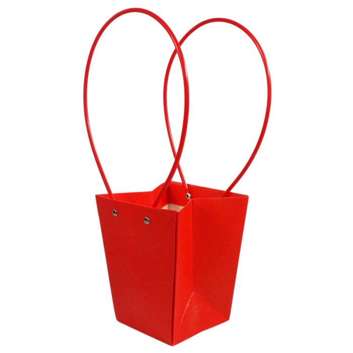 Czerwona torebka kwiatowa o wysokości 35 cm. Papierowy pojemnik posiada dwa uchwyty i zabezpieczone wnętrze. Idealna oprawa dla roślin.