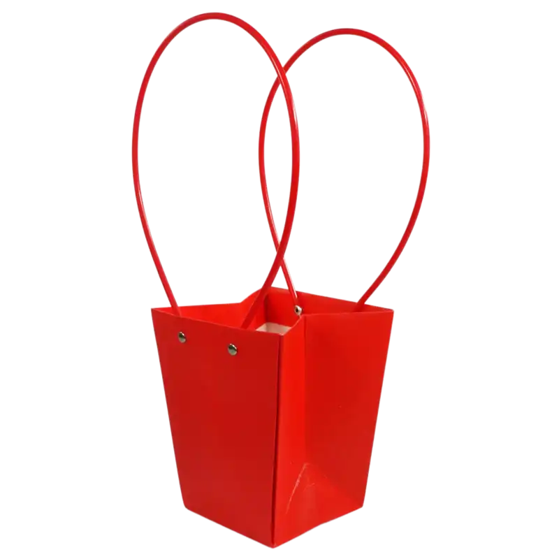 Czerwona torebka kwiatowa o wysokości 35 cm. Papierowy pojemnik posiada dwa uchwyty i zabezpieczone wnętrze. Idealna oprawa dla roślin.